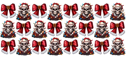 A festive pattern featuring cheerful skulls wearing Santa hats adorned with colorful lights, alongside vibrant red bows with white fur.UV Transfers heat press transfers