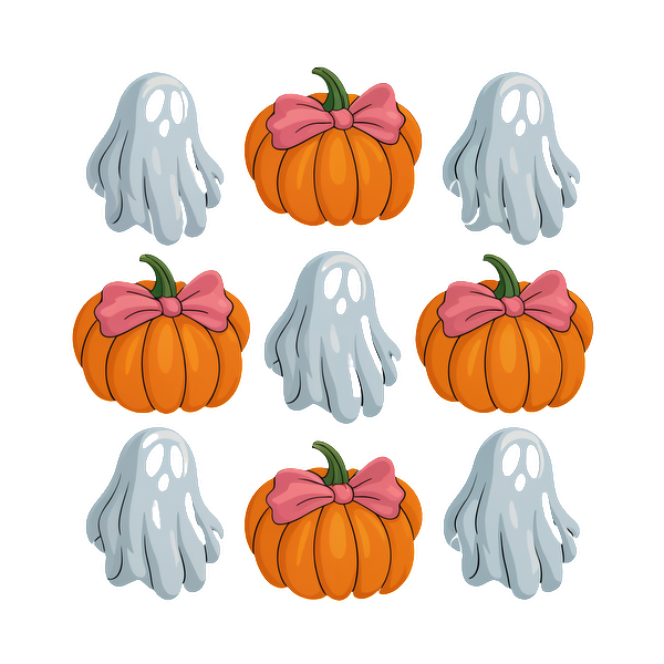 ¡Una divertida colección de lindos fantasmas y calabazas con lazos rosas, perfectos para decoraciones de Halloween!