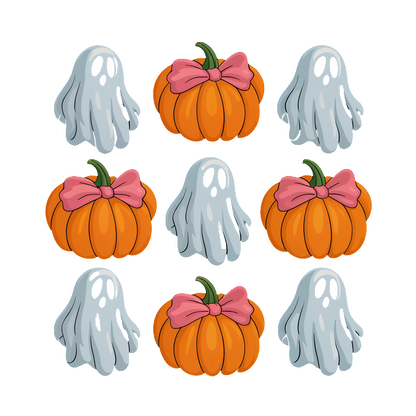 ¡Una divertida colección de lindos fantasmas y calabazas con lazos rosas, perfectos para decoraciones de Halloween!