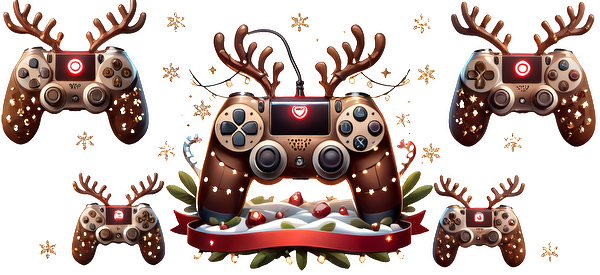 A festive collection of video game controllers adorned with reindeer antlers, set against a snowy background with holiday decorations.UV Transfersdtf regular iron