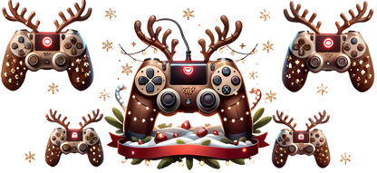 A festive collection of video game controllers adorned with reindeer antlers, set against a snowy background with holiday decorations.UV Transfersdtf regular iron