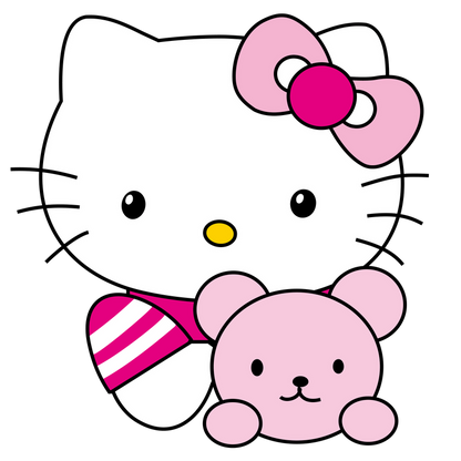 This adorable image features Hello Kitty, styled with a pink bow, playfully holding a cute pink teddy bear.DTF Transfers