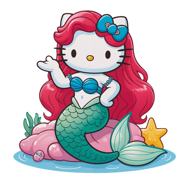 Meet Hello Kitty as a charming mermaid, adorned with a blue seashell top and vibrant red hair, resting on a pink rock.DTF Transfers dtf transfers