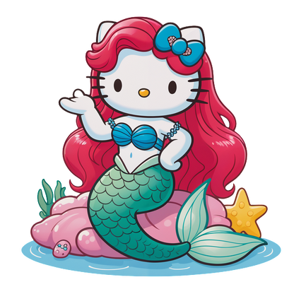 Meet Hello Kitty as a charming mermaid, adorned with a blue seashell top and vibrant red hair, resting on a pink rock.DTF Transfers dtf transfers