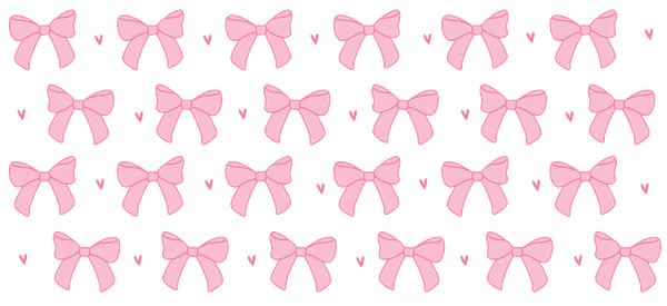 A charming pattern featuring various pink bows and cute hearts on a black background, perfect for playful designs.UV Transfersdtf regular iron