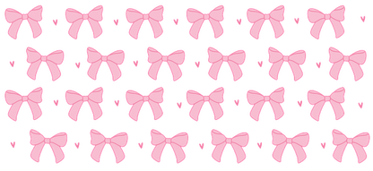 A charming pattern featuring various pink bows and cute hearts on a black background, perfect for playful designs.UV Transfersdtf regular iron