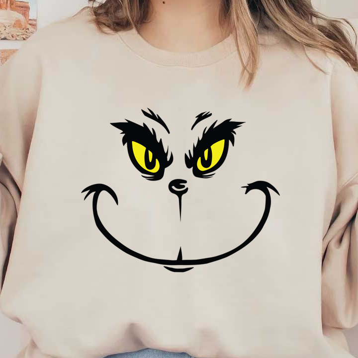 A playful, cartoon-style illustration of a grinning cat with mischievous yellow eyes and distinctive whiskers.DTF Transfersdtf regular iron heat press transfers