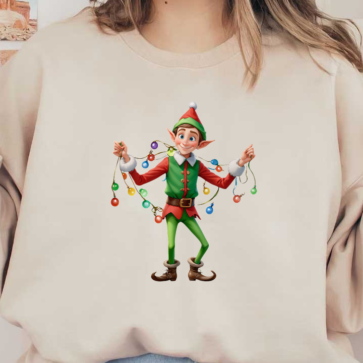 Cheerful cartoon elf in festive attire, holding colorful Christmas lights, ready to spread holiday cheer and joy!DTF Transfers dtf prints