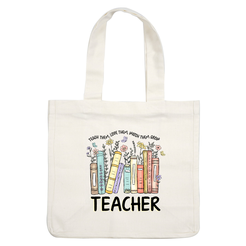 A charming illustration of colorful books adorned with flowers and butterflies, highlighting the word "TEACHER" in a whimsical style.DTF Transfers