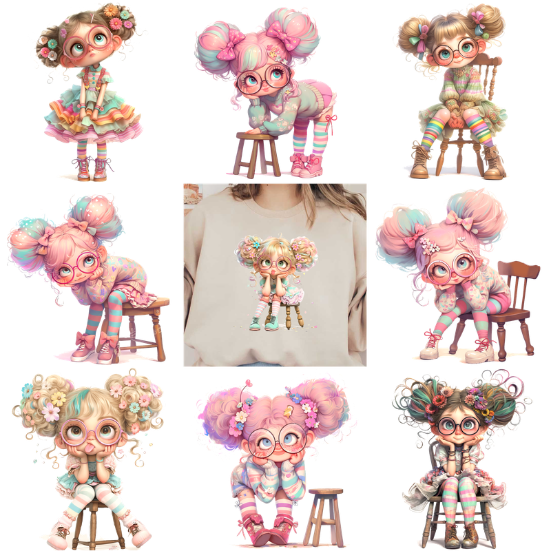 Charming pastel illustrations of girls with unique hairstyles, showing playful styles!DTF Transfers