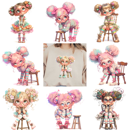 Charming pastel illustrations of girls with unique hairstyles, showing playful styles!DTF Transfers