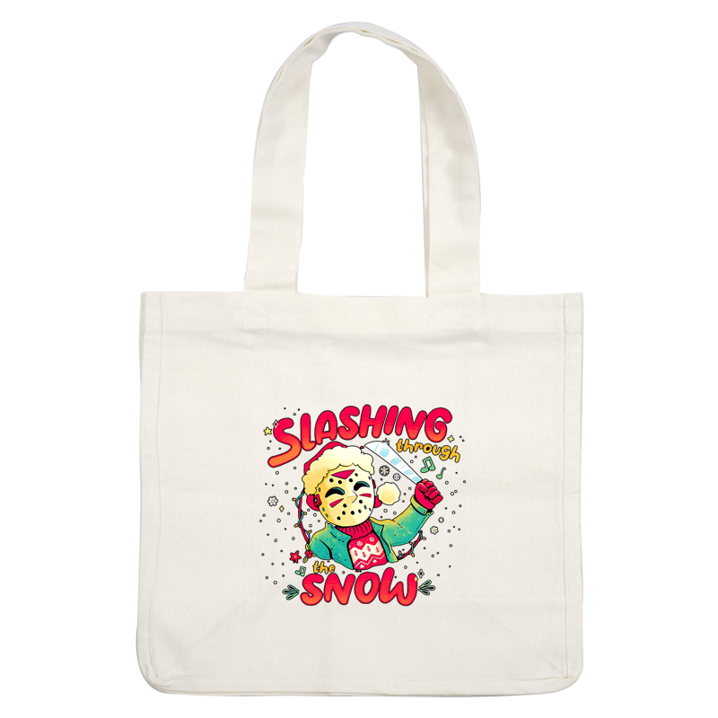 A playful and colorful illustration featuring a festive character in a mask, holding a knife, with the text "Slashing through the Snow." heat press transfers