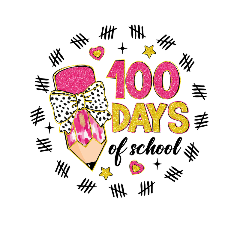 Celebrate the milestone with this fun and vibrant "100 Days" design featuring a pencil adorned with a stylish bow and sparkles!DTF Transfers