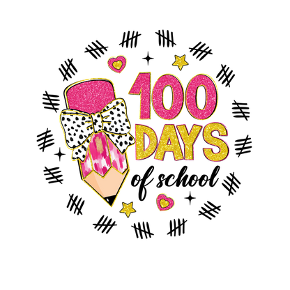 Celebrate the milestone with this fun and vibrant "100 Days" design featuring a pencil adorned with a stylish bow and sparkles!DTF Transfers