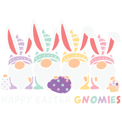 Colorful and cheerful Easter gnomes celebrate the holiday with bunny ears, decorated eggs, and a festive "Happy Easter" message.DTF Transfers