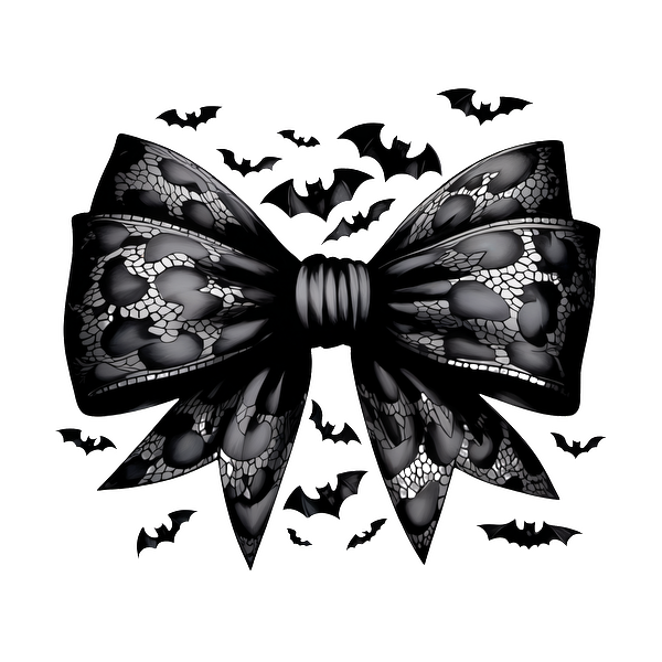 A striking black bow with intricate lace patterns and bat motifs, perfect for Halloween-themed decorations or accessories. dtf transfers