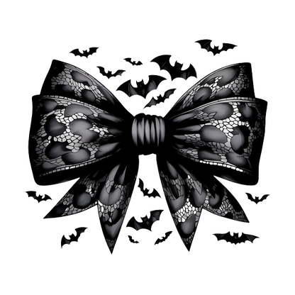 A striking black bow with intricate lace patterns and bat motifs, perfect for Halloween-themed decorations or accessories. dtf transfers