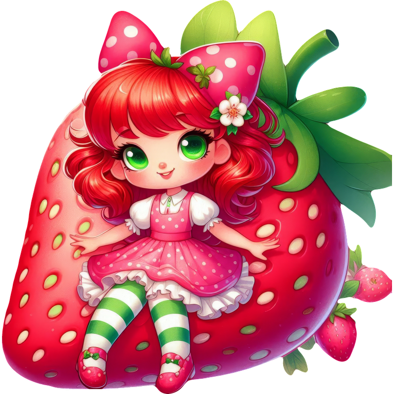 A cheerful character styled as a strawberry girl, featuring vibrant red hair, green eyes, and a polka dot dress.DTF Transfers