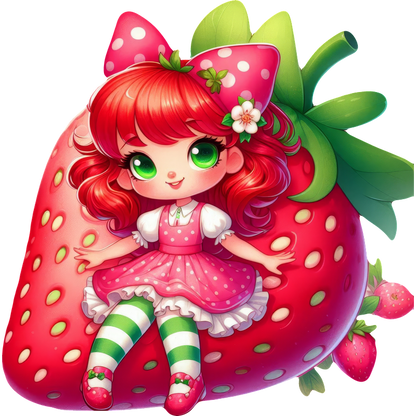 A cheerful character styled as a strawberry girl, featuring vibrant red hair, green eyes, and a polka dot dress.DTF Transfers