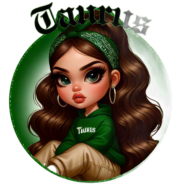 Esta vibrante ilustración presenta un personaje elegante con una sudadera con capucha verde con la palabra "Tauro" estampada, que muestra una personalidad vivaz.