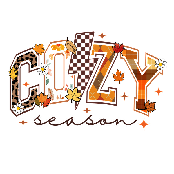 Celebre el ambiente acogedor con este colorido gráfico “Cozy Season” con temática otoñal, que incluye letras vibrantes adornadas con hojas y flores.