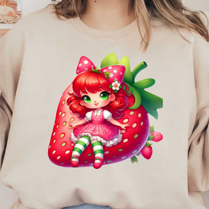 A cheerful character styled as a strawberry girl, featuring vibrant red hair, green eyes, and a polka dot dress.DTF Transfers