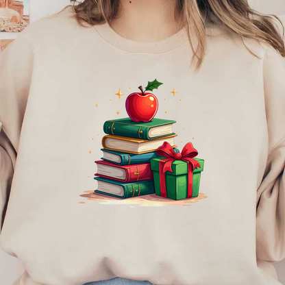 A whimsical stack of colorful books topped with a shiny red apple and a festive green gift with a red ribbon.DTF Transfers