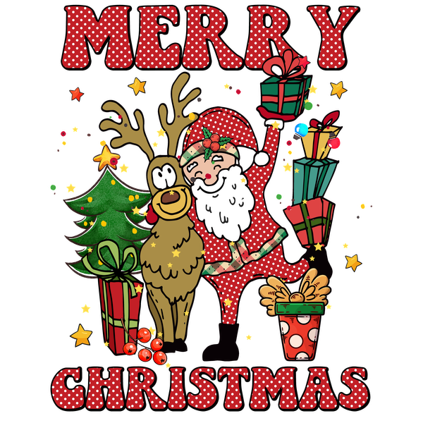 A cheerful Christmas illustration featuring Santa, a reindeer, colorful gifts, and a decorated tree with a festive greeting. dtf transfers