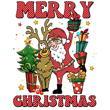 A cheerful Christmas illustration featuring Santa, a reindeer, colorful gifts, and a decorated tree with a festive greeting. dtf transfers