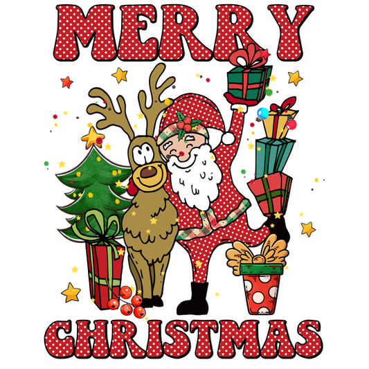 A cheerful Christmas illustration featuring Santa, a reindeer, colorful gifts, and a decorated tree with a festive greeting. dtf transfers