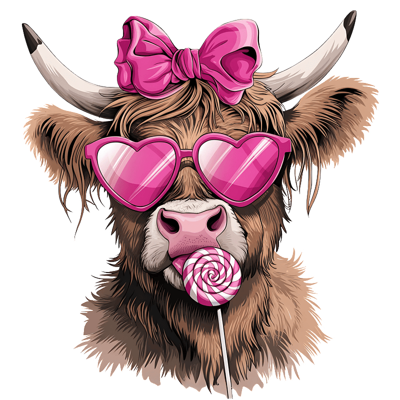 This playful illustration features a charming cow wearing heart-shaped pink sunglasses and a big bow, happily enjoying a lollipop.DTF Transfers