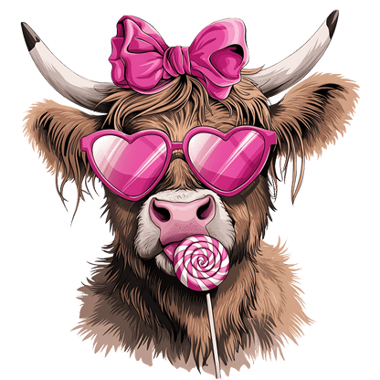 This playful illustration features a charming cow wearing heart-shaped pink sunglasses and a big bow, happily enjoying a lollipop.DTF Transfers