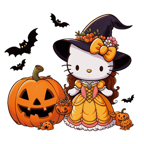 A cute Halloween-themed Hello Kitty in a witch costume, complete with a pumpkin, flowers, and playful decorations.DTF Transfersdtf regular iron