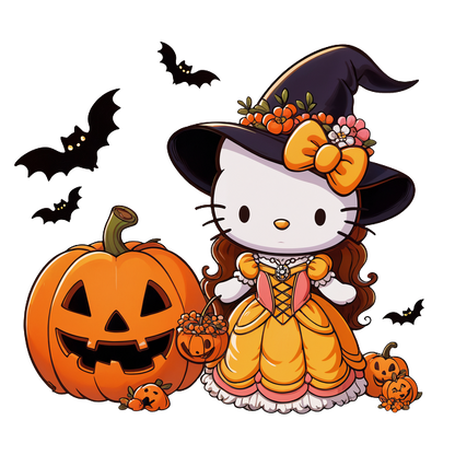 A cute Halloween-themed Hello Kitty in a witch costume, complete with a pumpkin, flowers, and playful decorations.DTF Transfersdtf regular iron