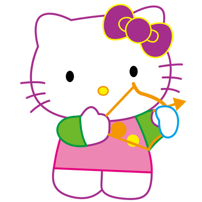 Meet Hello Kitty, the adorable character dressed in pink with a playful bow, holding a colorful toy.DTF Transfers