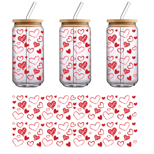 A playful pattern featuring various red hearts, perfect for adding a romantic touch to any design or decoration!UV Transfers dtf transfers