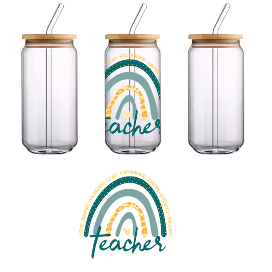 A vibrant rainbow graphic featuring the word "teacher," symbolizing positivity and appreciation for educators.UV Transfers dtf transfers dtf transfers