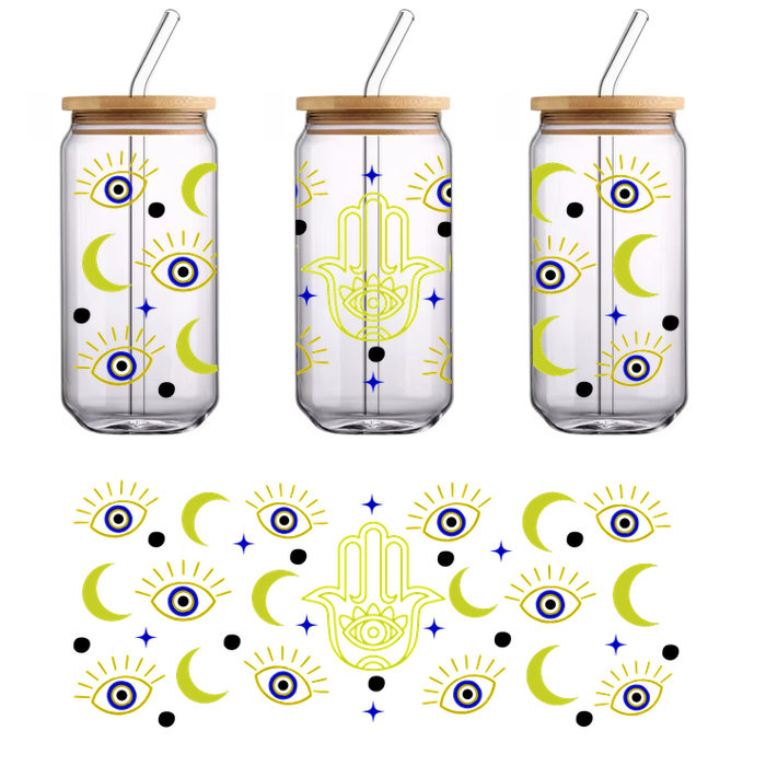 A vibrant design featuring a central hamsa hand surrounded by stylized eyes and crescent moons in bright colors.UV Transfers dtf prints