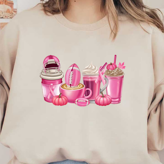 Celebrate in style with this vibrant collection of pink drinks, featuring a football, pumpkins, and delightful desserts!DTF Transfers heat press transfers