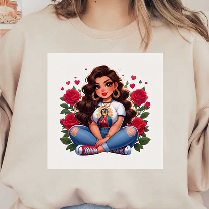 Una vibrante ilustración digital de una niña con cabello rizado que viste una camiseta estampada, jeans y está rodeada de rosas rojas.