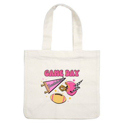 Diseño colorido "Game Day" con un casco de fútbol rosa, un banderín de animadoras y una pelota de fútbol, ​​¡perfecto para los entusiastas de los deportes!