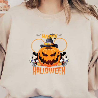 ¡Celebre Halloween con este alegre diseño que presenta una calabaza, personajes de Mickey Mouse y murciélagos festivos!