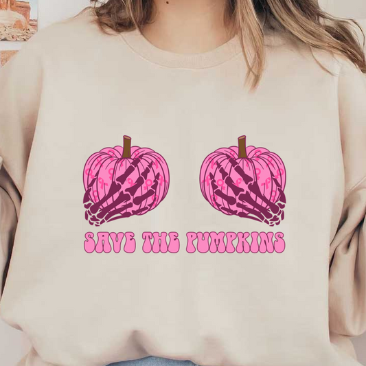 Estas lindas calabazas rosas adornadas con diseños de esqueletos promueven el mensaje “Salven las calabazas” en letras divertidas y atrevidas.