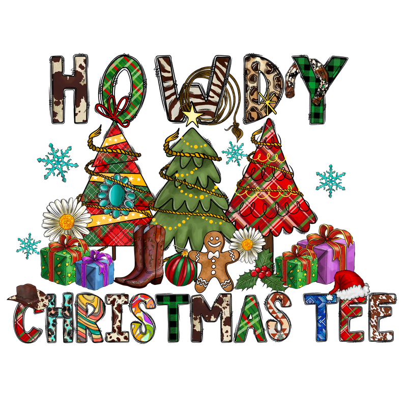 Celebrate the season with this festive "Howdy Christmas Tee," featuring vibrant Christmas trees, gifts, and cheerful holiday decorations.DTF Transfers dtf transfers