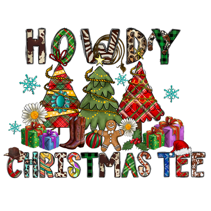 Celebrate the season with this festive "Howdy Christmas Tee," featuring vibrant Christmas trees, gifts, and cheerful holiday decorations.DTF Transfers dtf transfers