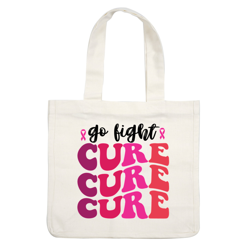 Diseño de texto colorido "CURE" con varios tonos de rosa, que enfatiza el apoyo y la concientización, junto con un símbolo de cinta rosa.