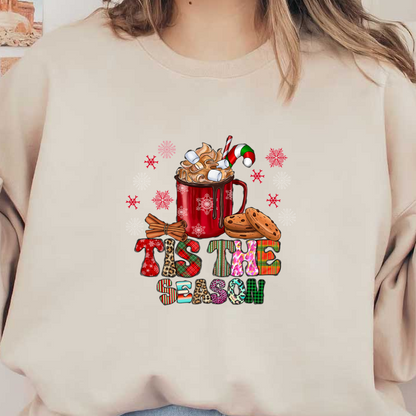 Cozy up with this festive design featuring a mug of hot cocoa, cookies, and the cheerful phrase "Tis the Season."DTF Transfers heat press transfers dtf prints