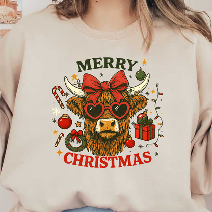 A whimsical illustration featuring a stylish cow in glasses, celebrating Christmas!DTF Transfers