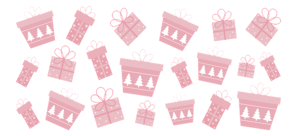 A collection of charming pink gift boxes adorned with white trees and decorative bows, perfect for festive occasions.UV Transfers dtf transfers