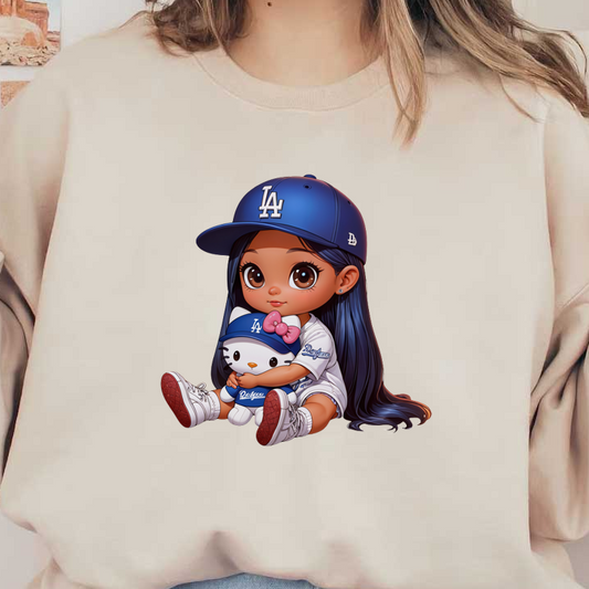 A cute girl wearing a blue Dodgers cap and shirt holds a Hello Kitty plushie, showcasing a playful, sporty style.DTF Transfers dtf transfers